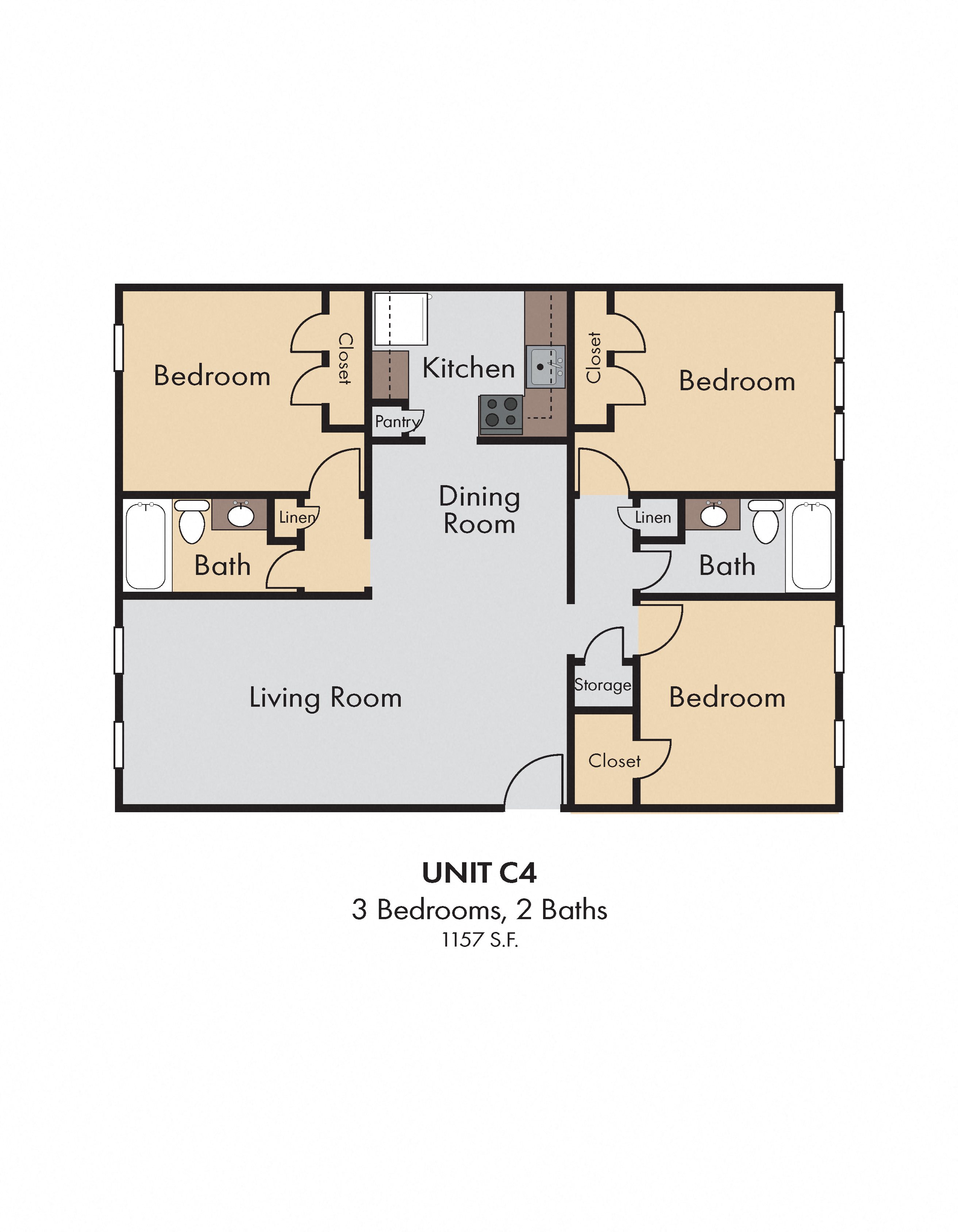3 Bedroom 2 Bath 2D Floorplan Unit C4 3 Bedroom 2 Bath 2D Floorplan Unit C4-The Paddock on Park Row Apartment Homes, Arlington, TX